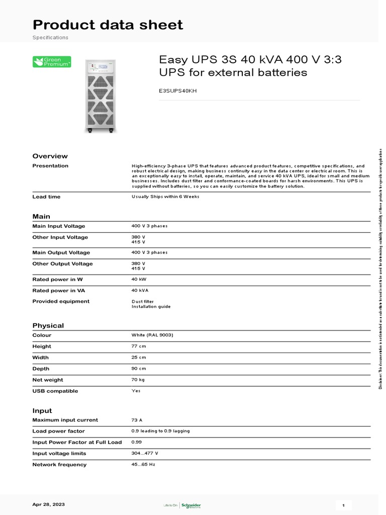 Product Data Sheet: Easy UPS 3S 40 kVA 400 V 3:3 UPS For External ...