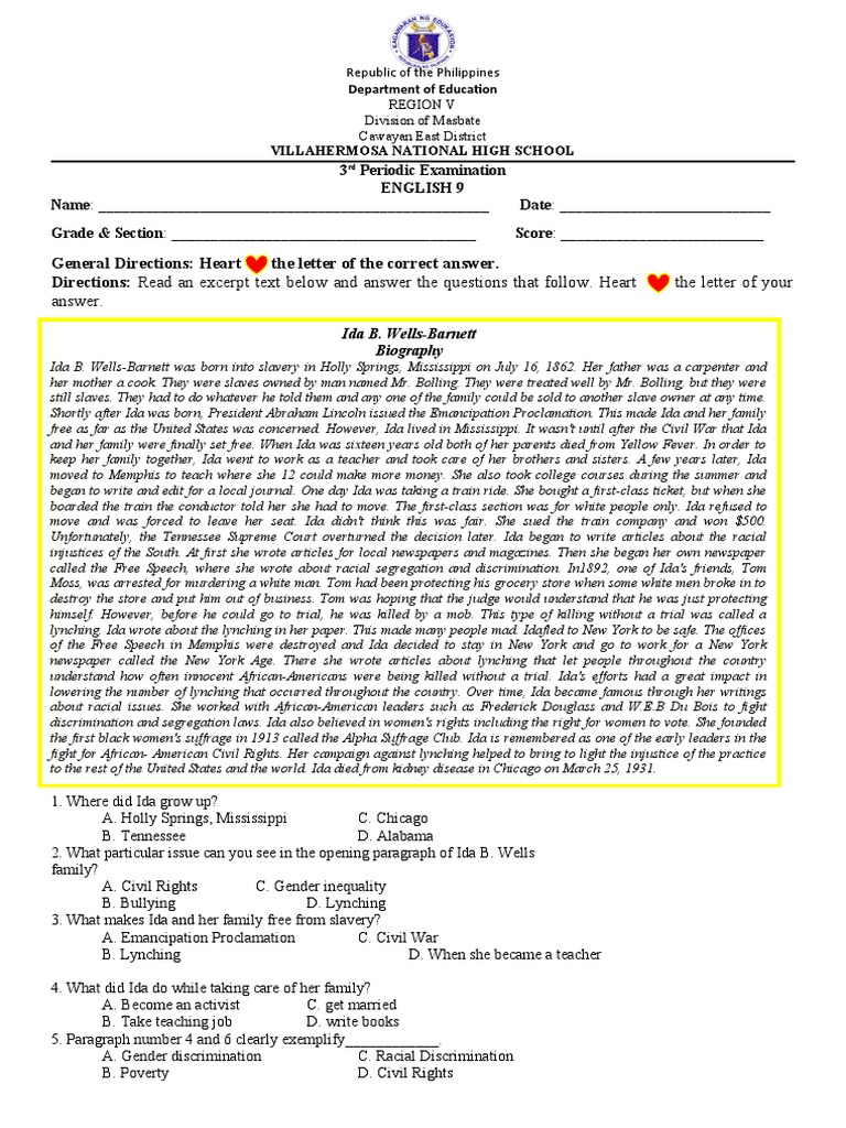 English 9 Exam on Gender Equality and Ida B. Wells | PDF | Emancipation ...