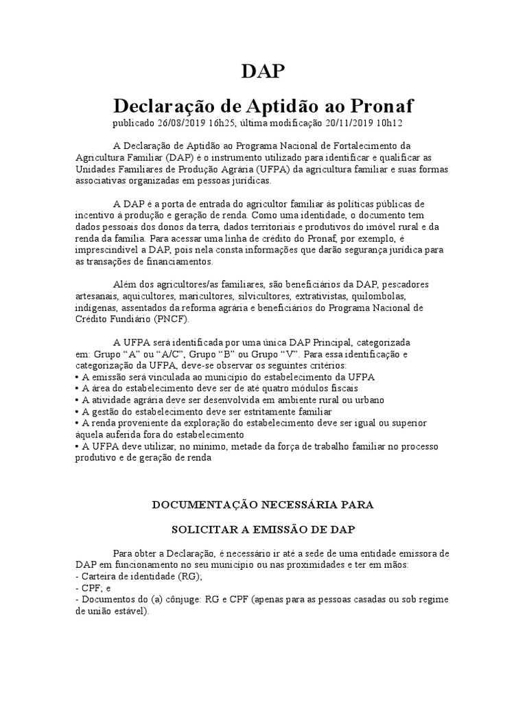 DAP Declaração de Aptidão Ao Pronaf | PDF | Agricultura | Crédito