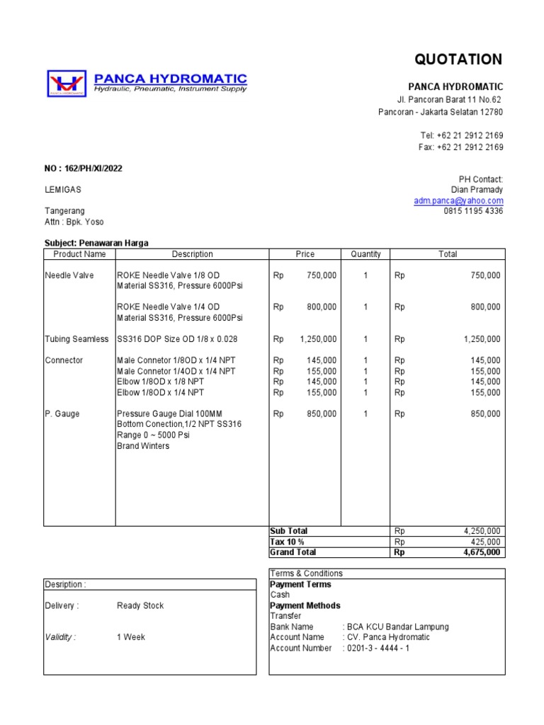 Price Quotation for Panca Hydromatic | PDF | Chemical Engineering ...