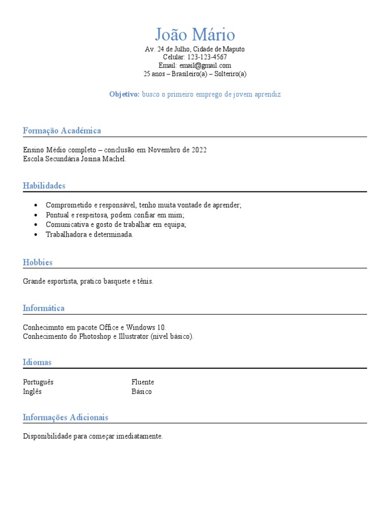 Curriculo para Jovem Aprendiz Que Nunca Trabalhou Trovagas | PDF