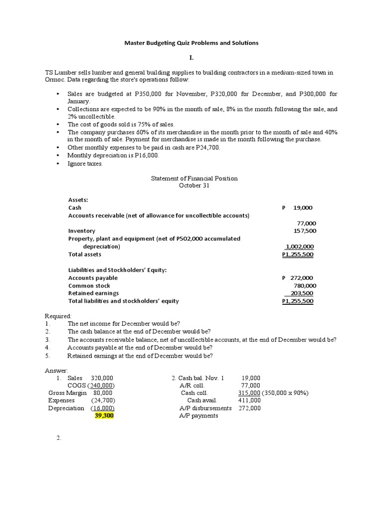 Budgeting Quiz Questionnaire PDF Retained Earnings Inventory
