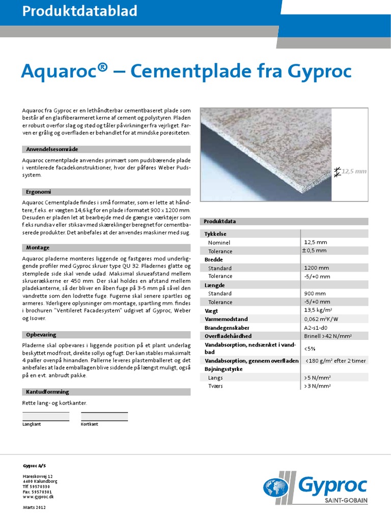 Produktblad-Gyproc GA Aquaroc Cementplade-03.12 | PDF
