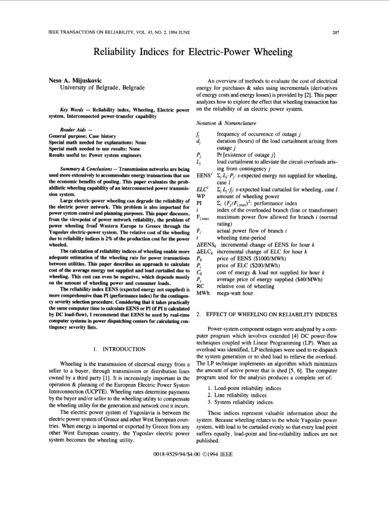 Reliability Indices For ElectricPower Wheeling Neso A. Mijuskovic