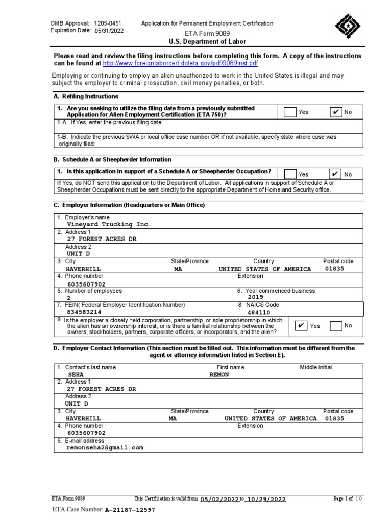 U.S. Department of Labor Please Read and Review The Filing Instructions Before Completing This ...