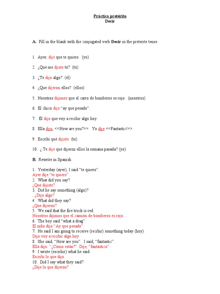 Preterite Decir Practice PDF