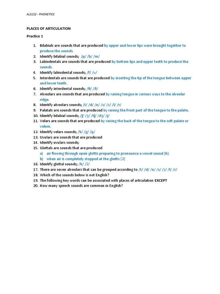 PLACES OF ARTICULATION Practice 1 | PDF