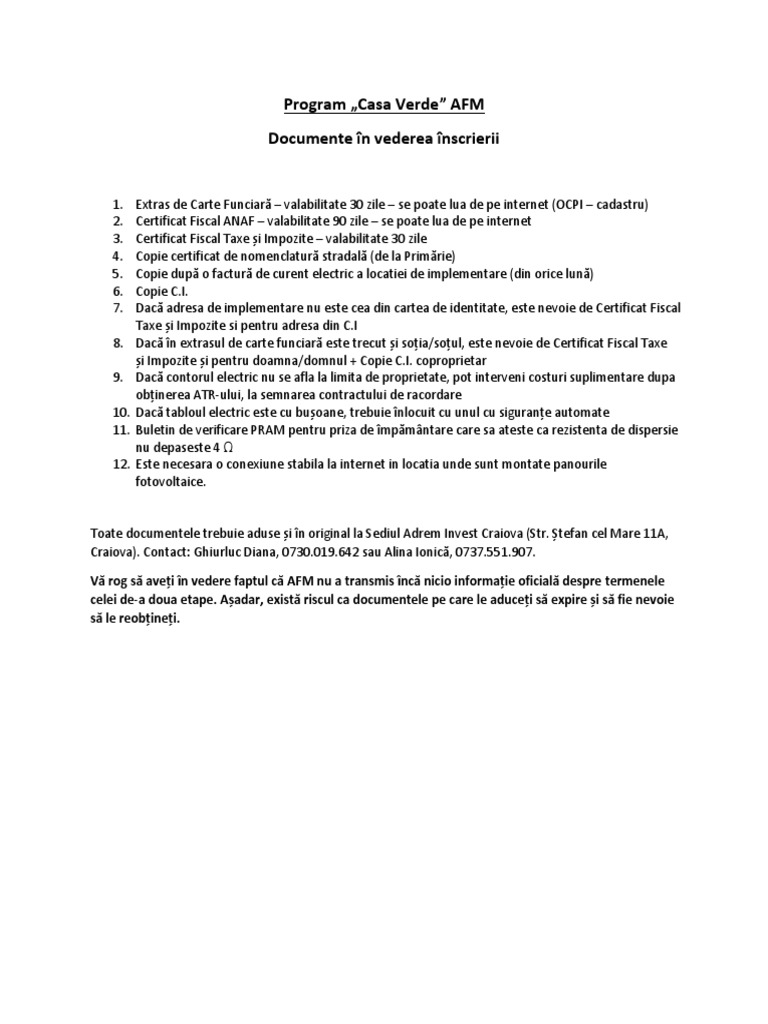 Documente Înscriere CASA VERDE AFM PDF