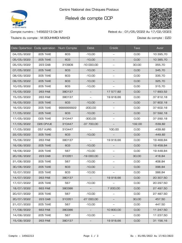 Relevé de Compte CCP: Centre National Des Chèques Postaux | PDF