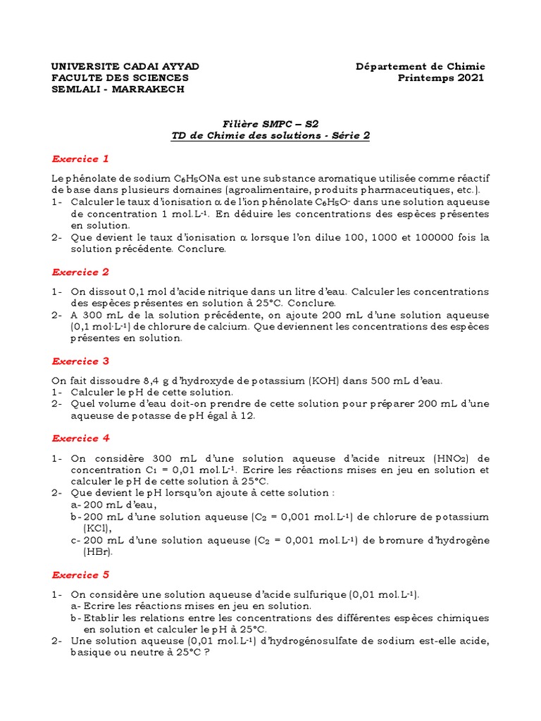 Exercices de Chimie des Solutions S2 | PDF | Ph | Acide chlorhydrique
