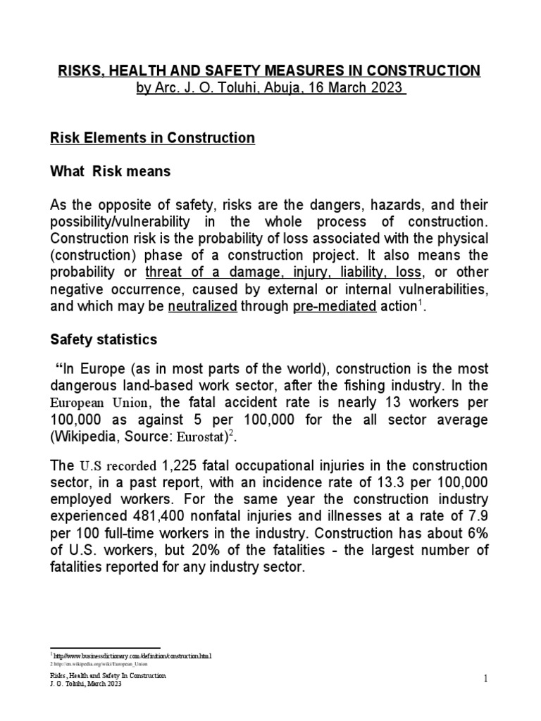 RISKS, HEALTH AND SAFETY MEASURES IN CONSTRUCTION-Mar 2023 PBH Training ...