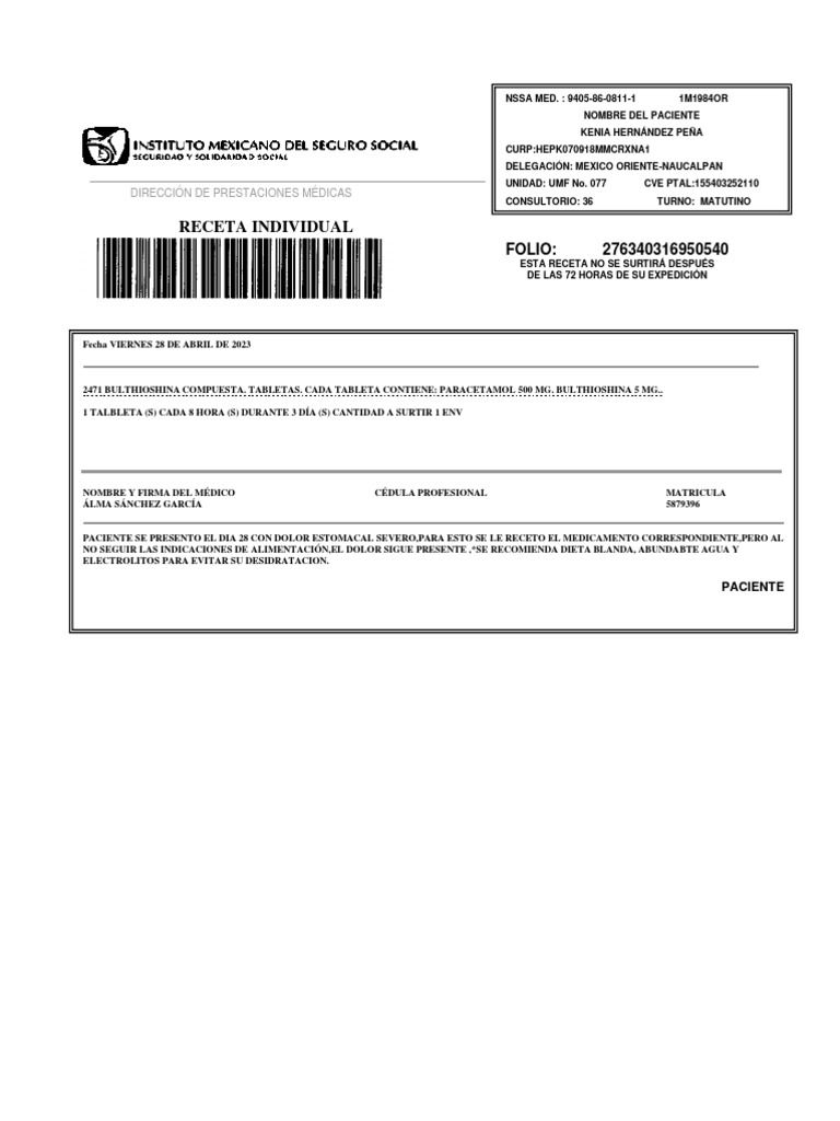 Receta Individual: Dirección de Prestaciones Médicas | PDF