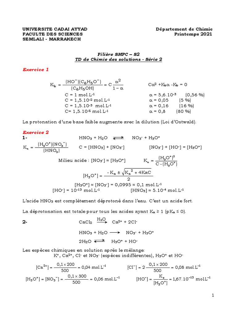 TD de Chimie des Solutions - Printemps 2021 | PDF | Acide | Ph