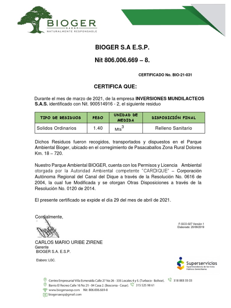 Certificado de Bioger | PDF | Vertedero | Gestión de residuos