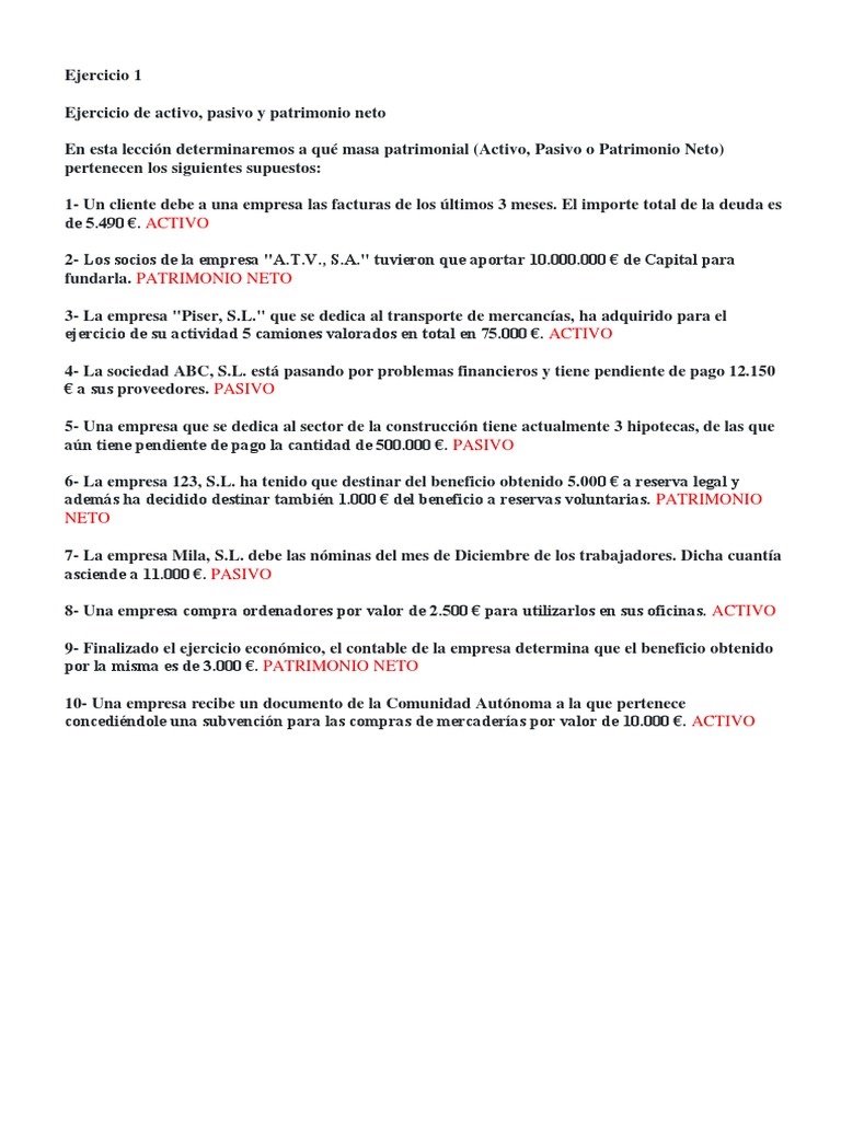 Ejercicios de Activo, Pasivo y Patrimonio | PDF | Contabilidad | Valor neto
