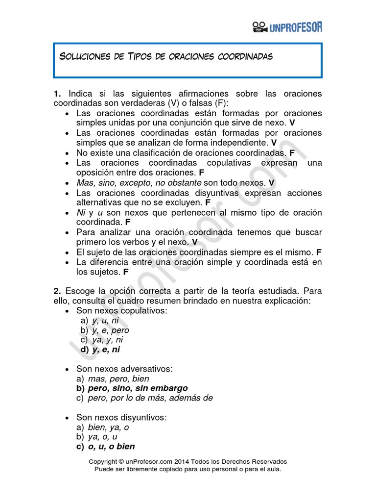 Solucion Tipos de Oraciones Coordinadas 772 PDF | PDF | Oración ...