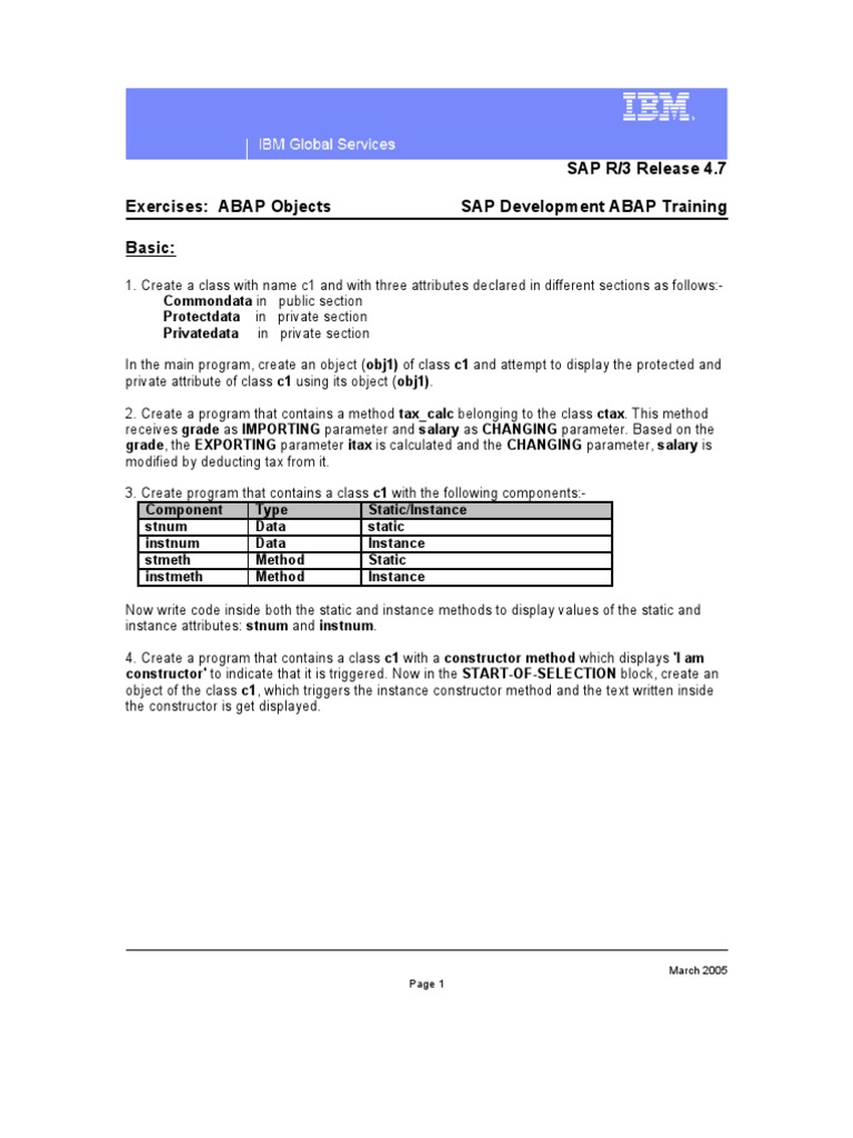ABAP Objects Exercises for SAP R/3 4.7 | PDF | Class (Computer ...