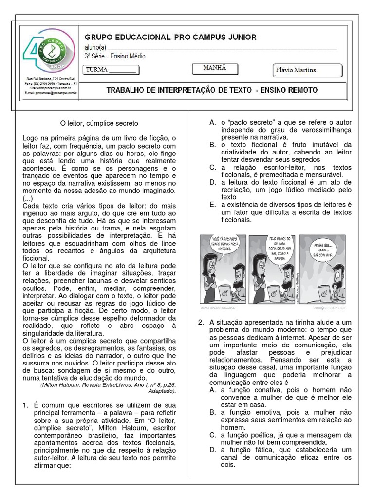 3 Série Ensino Médio Trabalho de Interpretação de Texto Ensino Remoto 1 ...