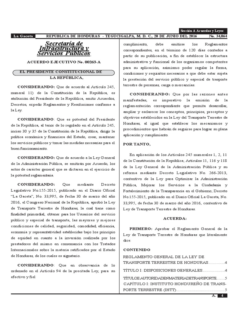 Reglamento General de La Ley de Transporte Terrestre de Honduras | PDF ...