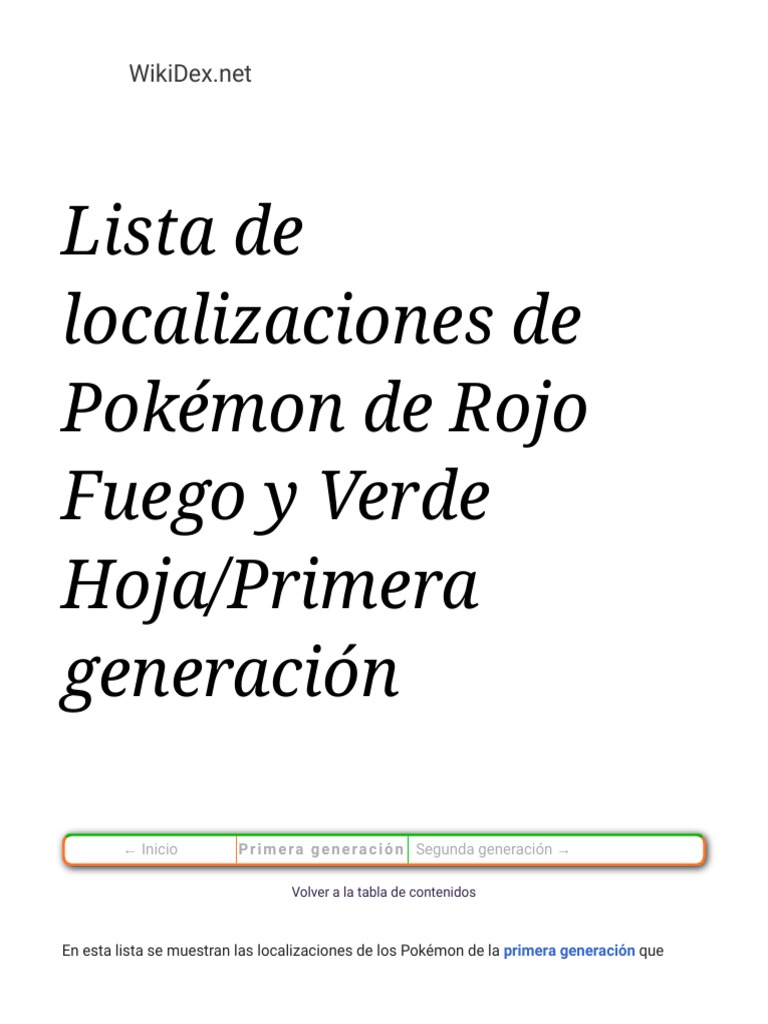 Lista de Localizaciones de Pokémon de Rojo Fuego y Verde Hoja Primera