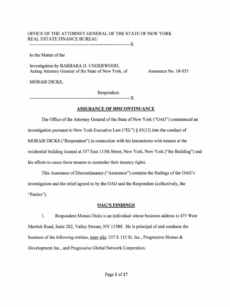 New York Attorney General Settlement With Morais Dicks PDF