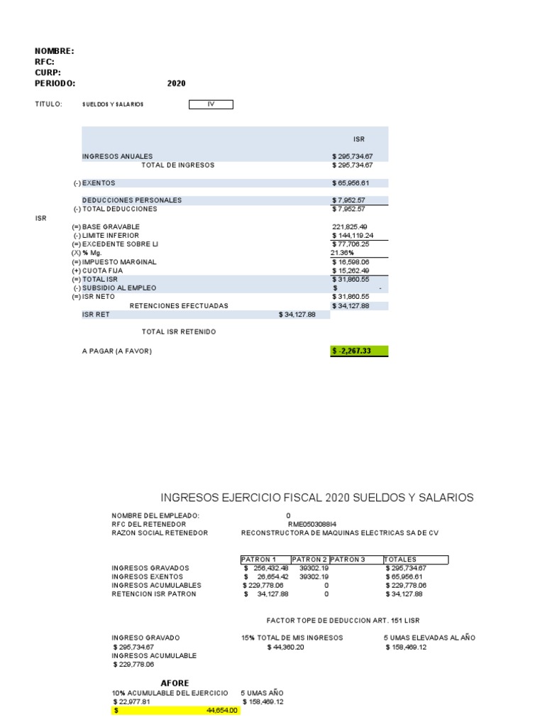 Cálculo de ISR y Deducciones 2020 | PDF | Impuesto sobre la renta | Salario