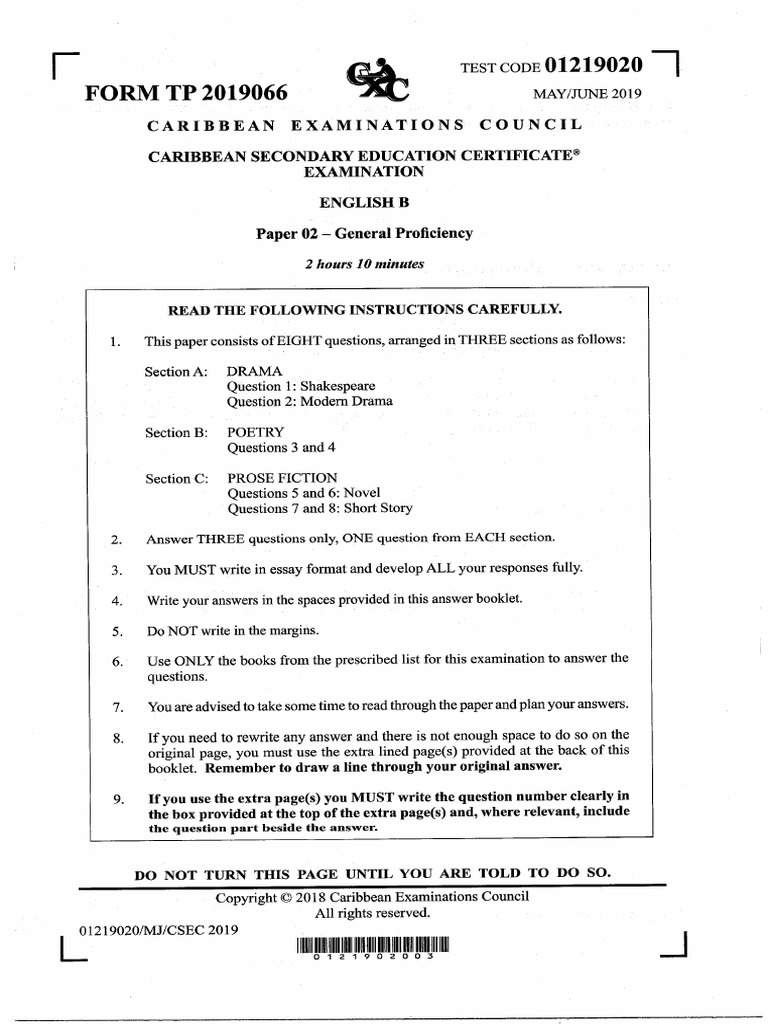 Csec English B June 2019 P2 Pdf