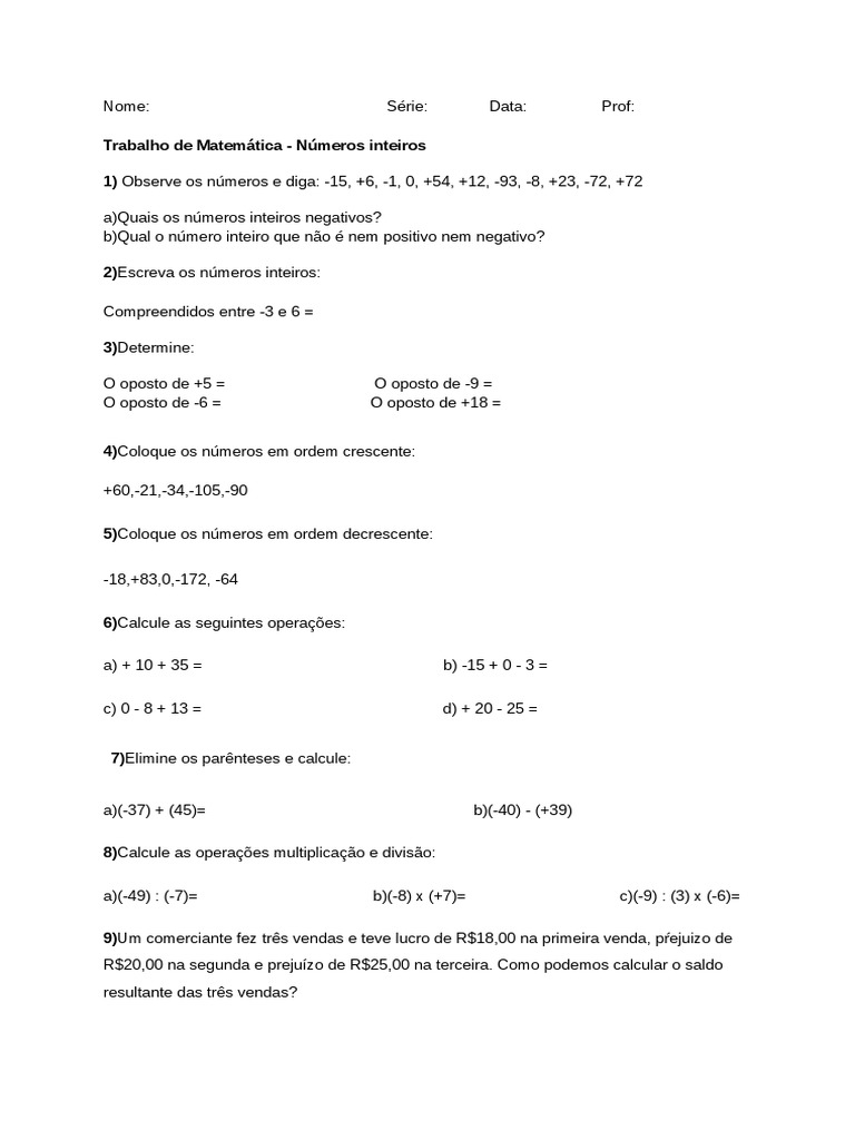 Atividade de Matemática - Números Inteiros 7 Ano | PDF