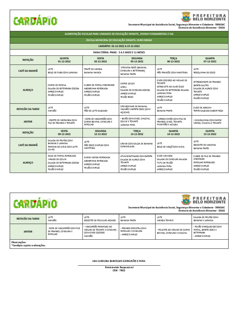 Cardápio - ESCOLA MUNICIPAL DE EDUCAÇÃO INFANTIL OURO MINAS 3 A 5 Anos PDF  | PDF | Banana | Molho, image size:768x1024