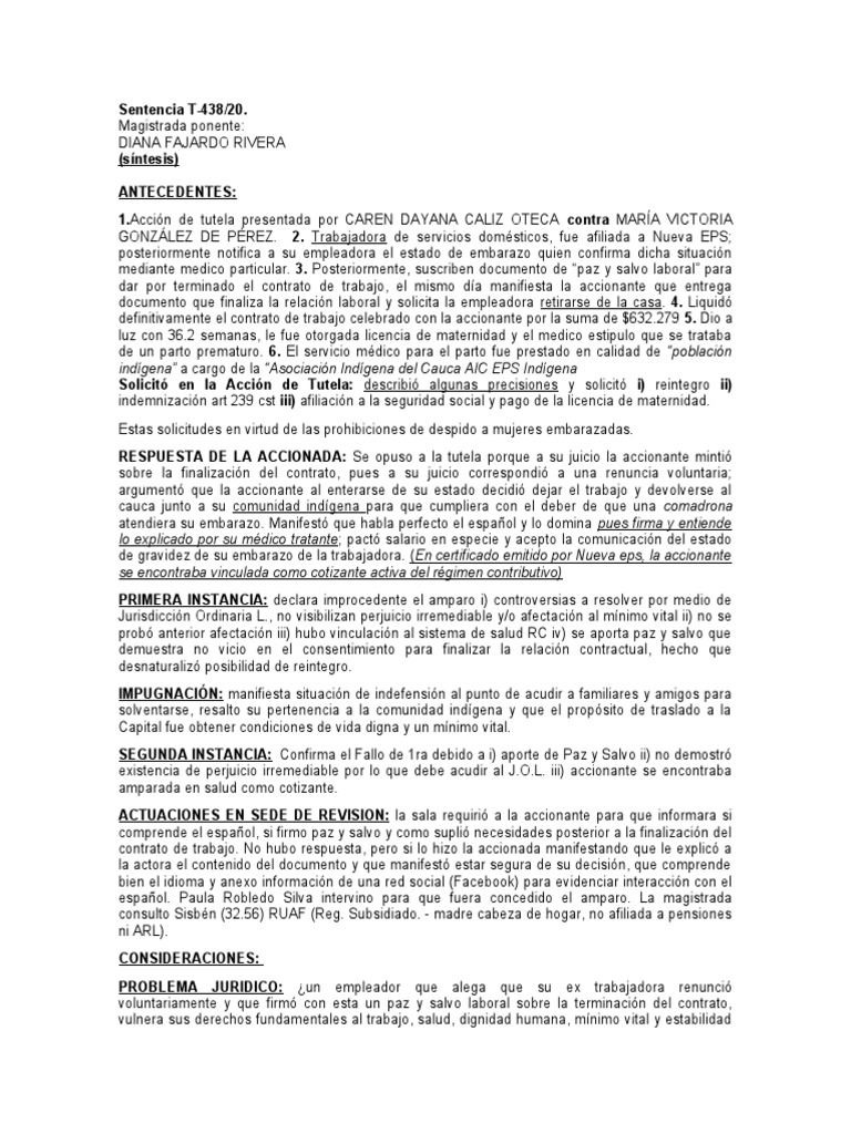 Tutela por despido de trabajadora embarazada | PDF | Derecho laboral