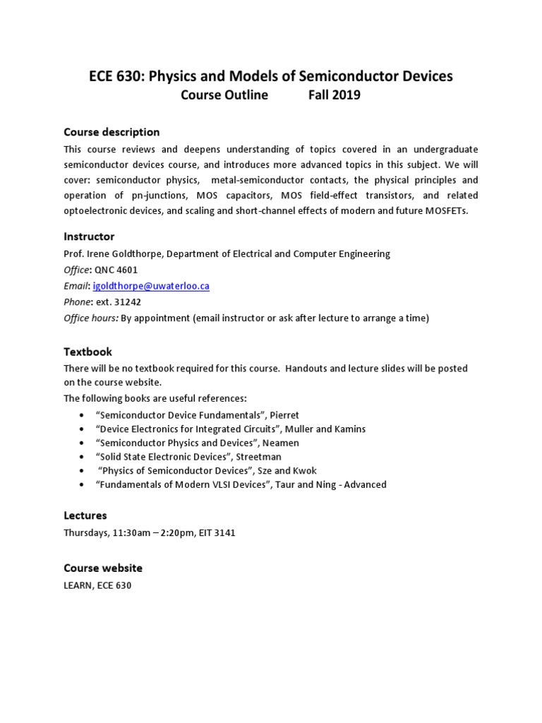 Ece630 2019 Syllabus | PDF | Mosfet | Semiconductor Devices