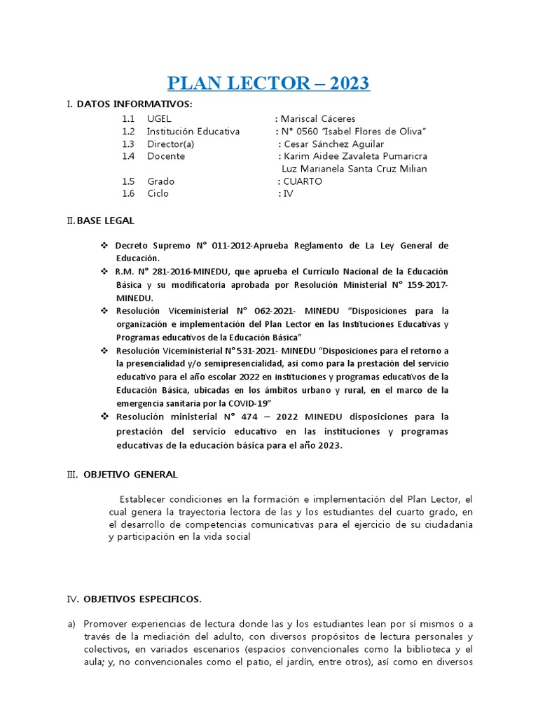 PLAN LECTOR 3º Grado | PDF | Salón de clases | Pobreza