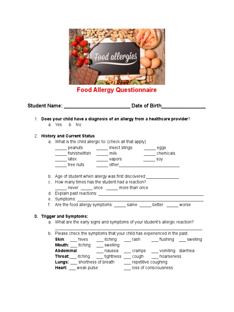 Food Allergy Questionnaire PDF Allergy Food Allergy