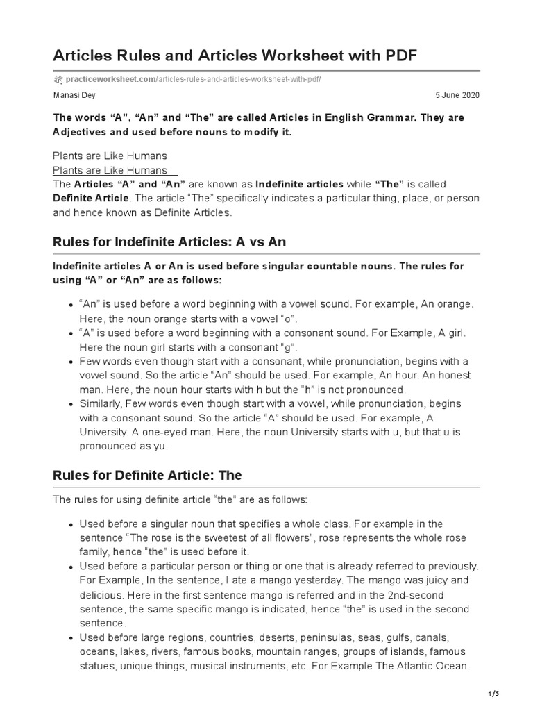 Articles Rules and Articles Worksheet With PDF | PDF | Noun | Word