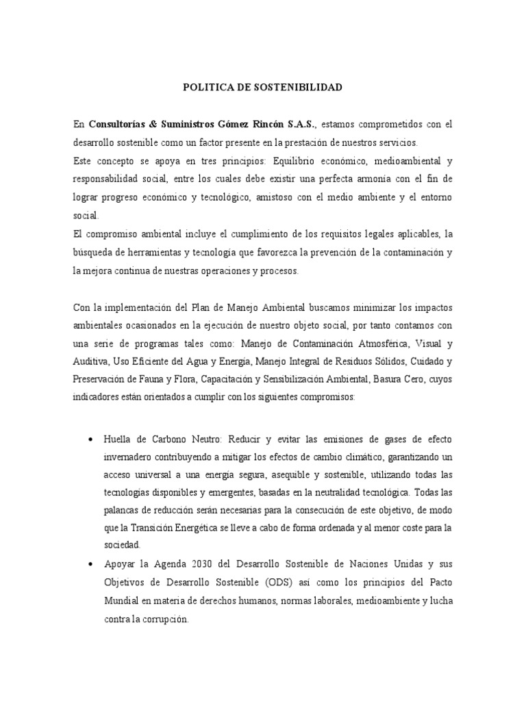 Política de Sostenibilidad Integral | PDF | Sustentabilidad | Entorno ...