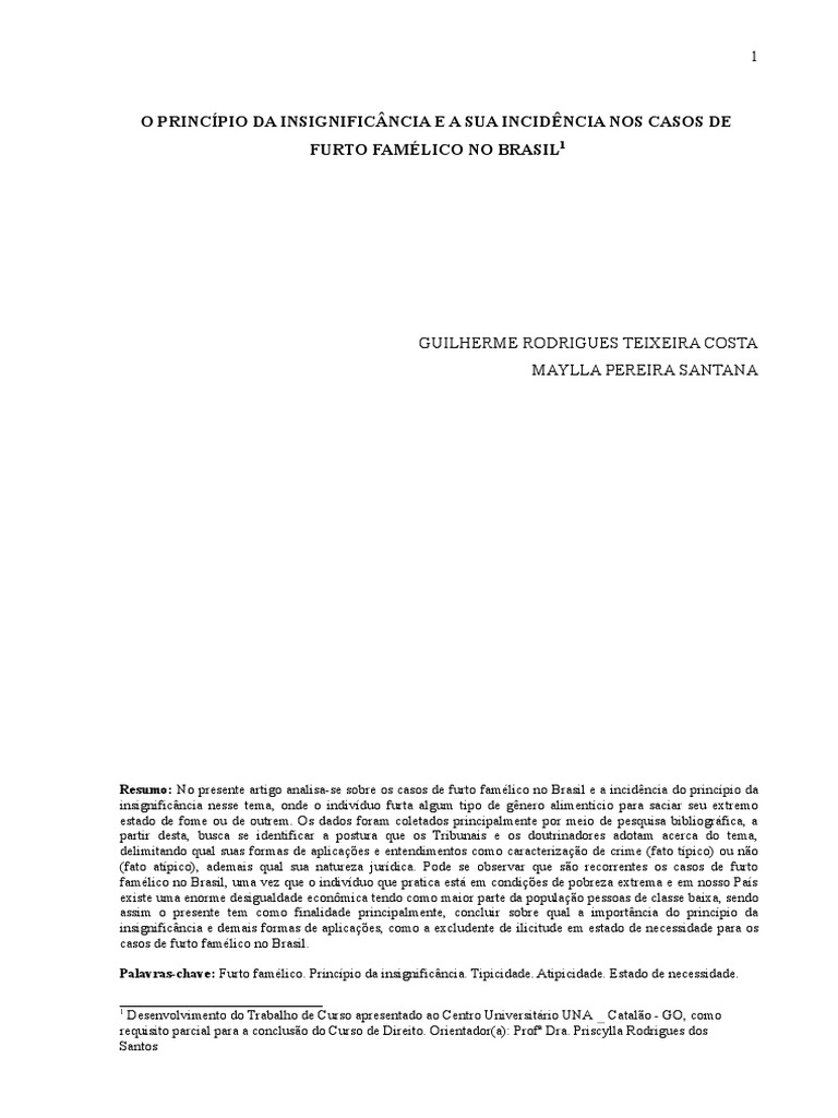 Furto Famélico e Princípio da Insignificância | PDF | Roubo | Direito Penal