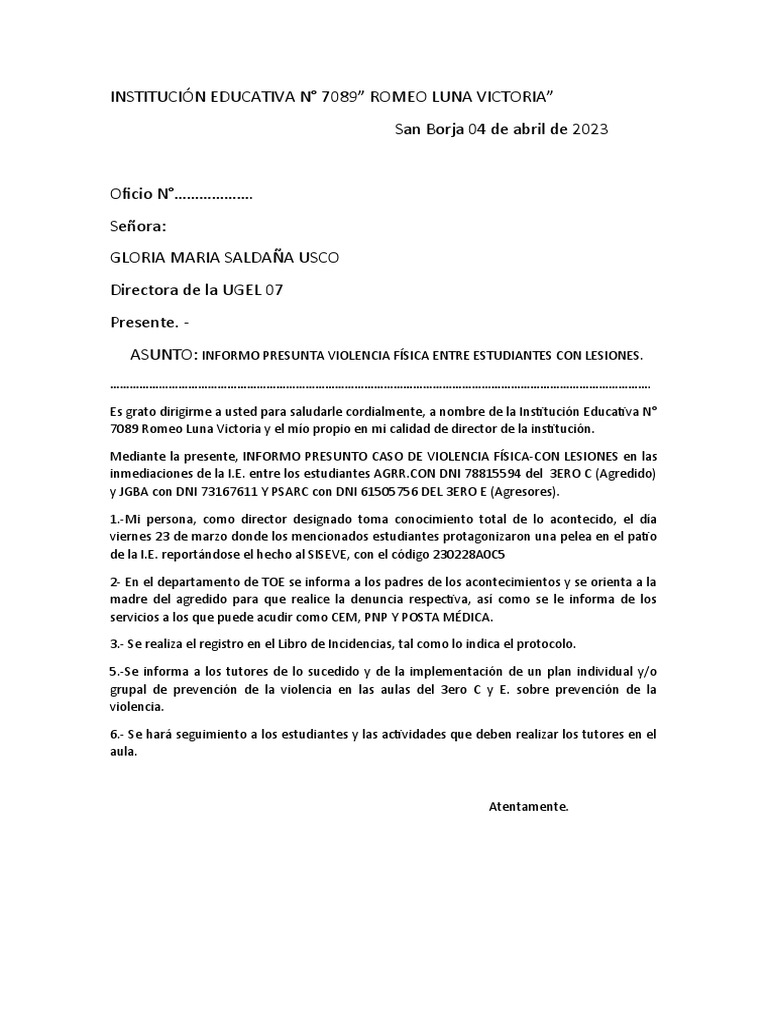 Oficio para Ugel Del Casos de Violencia | PDF