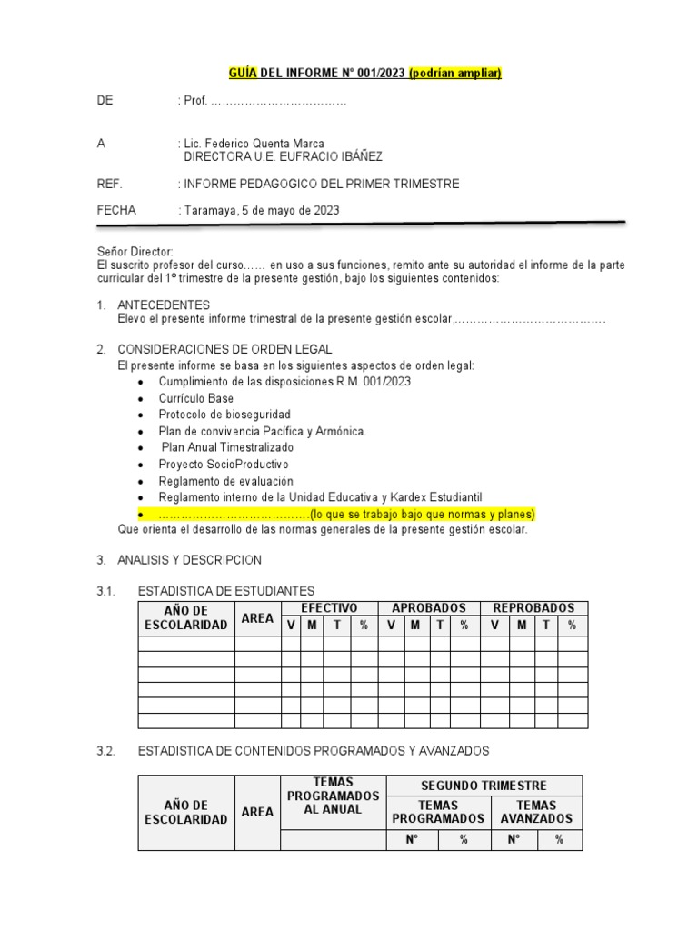 Informe Pedagógico Primer Trimestre 2023 | PDF