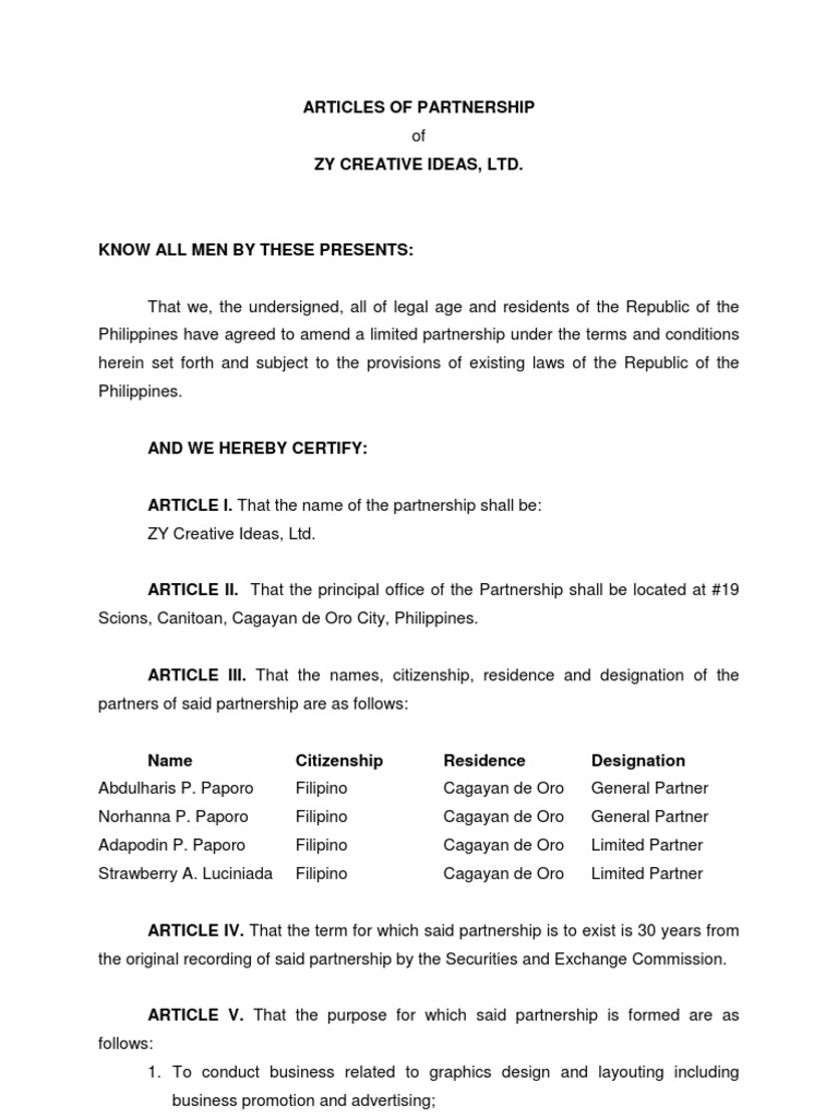Articles of partnership law firm sample philippines image
