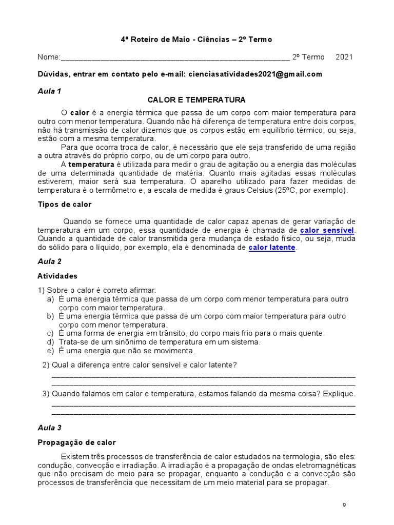 Formas de Propagação de Calor 7º Ano | PDF | Calor | Temperatura