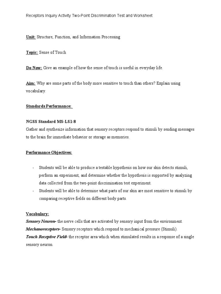 Two-Point Discrimination Test Activity | PDF | Stimulus (Physiology ...