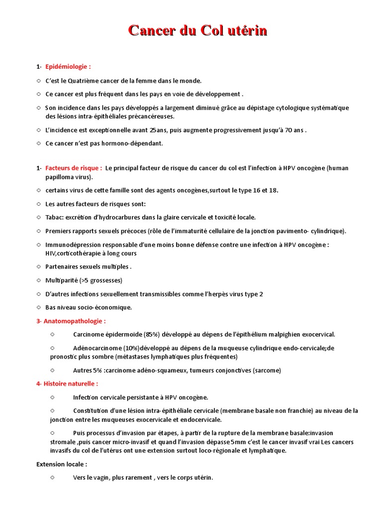 Cancer du Col Utérin : Épidémiologie et Traitement | PDF | Cancer du ...