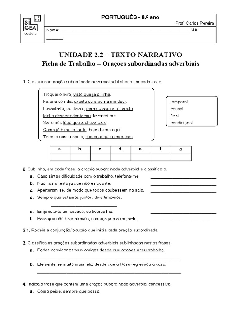 Ficha de Trabalho - Orações Subordinadas Adverbiais | PDF | Mecânica da ...
