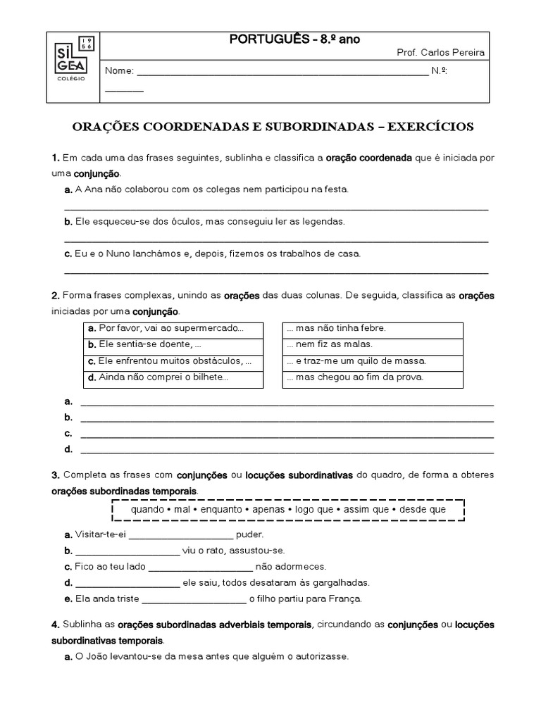 Exercícios de Oração Coordenada e Subordinada | PDF