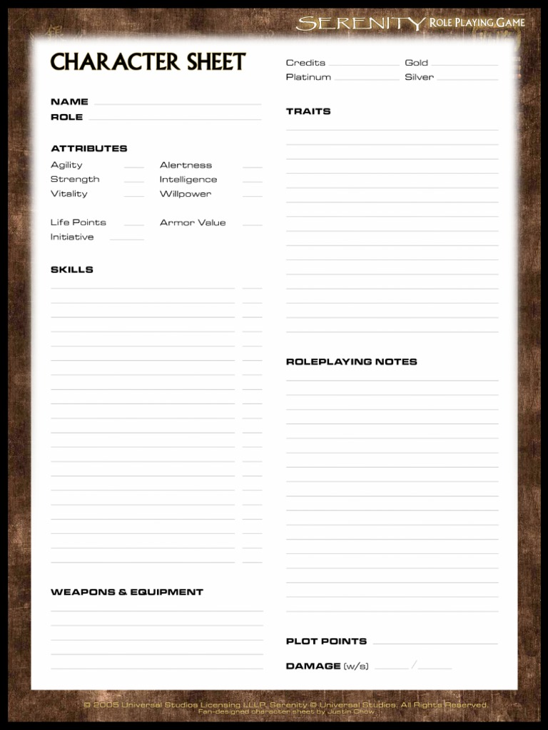 Serenity Fan Character Sheet PDF Serenity Fan Character Sheet PDF