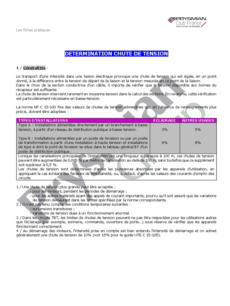 Calcul de la chute de tension électrique PDF Tension électrique — free download