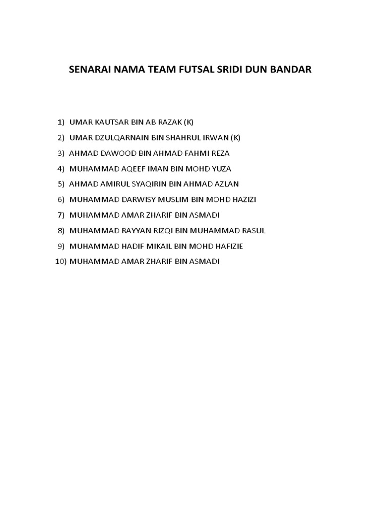 Nama Team Futsal Sridi DUN Bandar | PDF