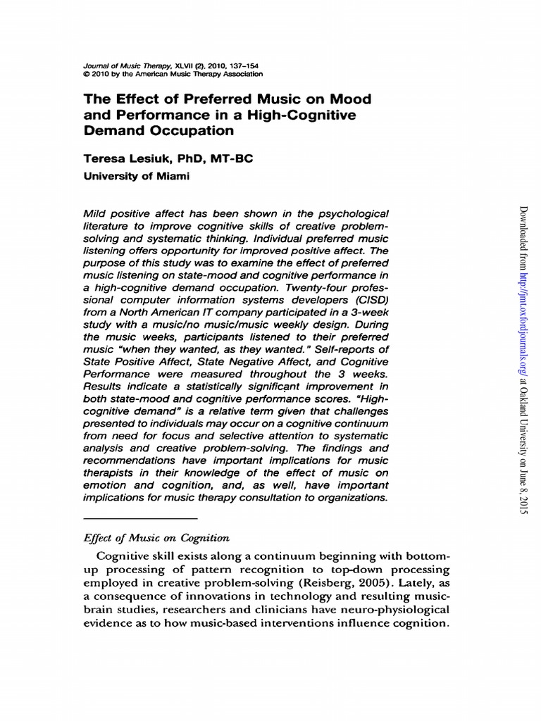 The Effect of Preferred Music On Mood | PDF | Affect (Psychology ...