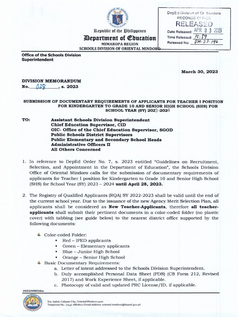 Submission of Documentary Requirements of Applicants For Teacher I