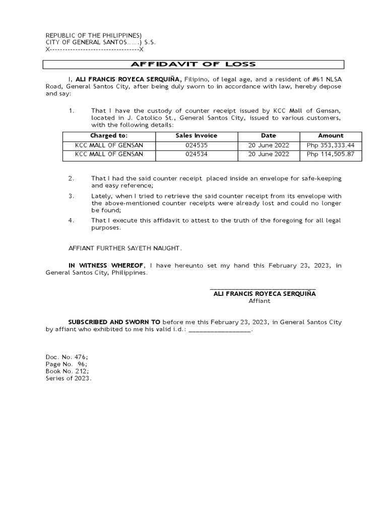 2023 - Affidavit of Loss - Receipt & Sales Invoice - KCC - Serquina | PDF